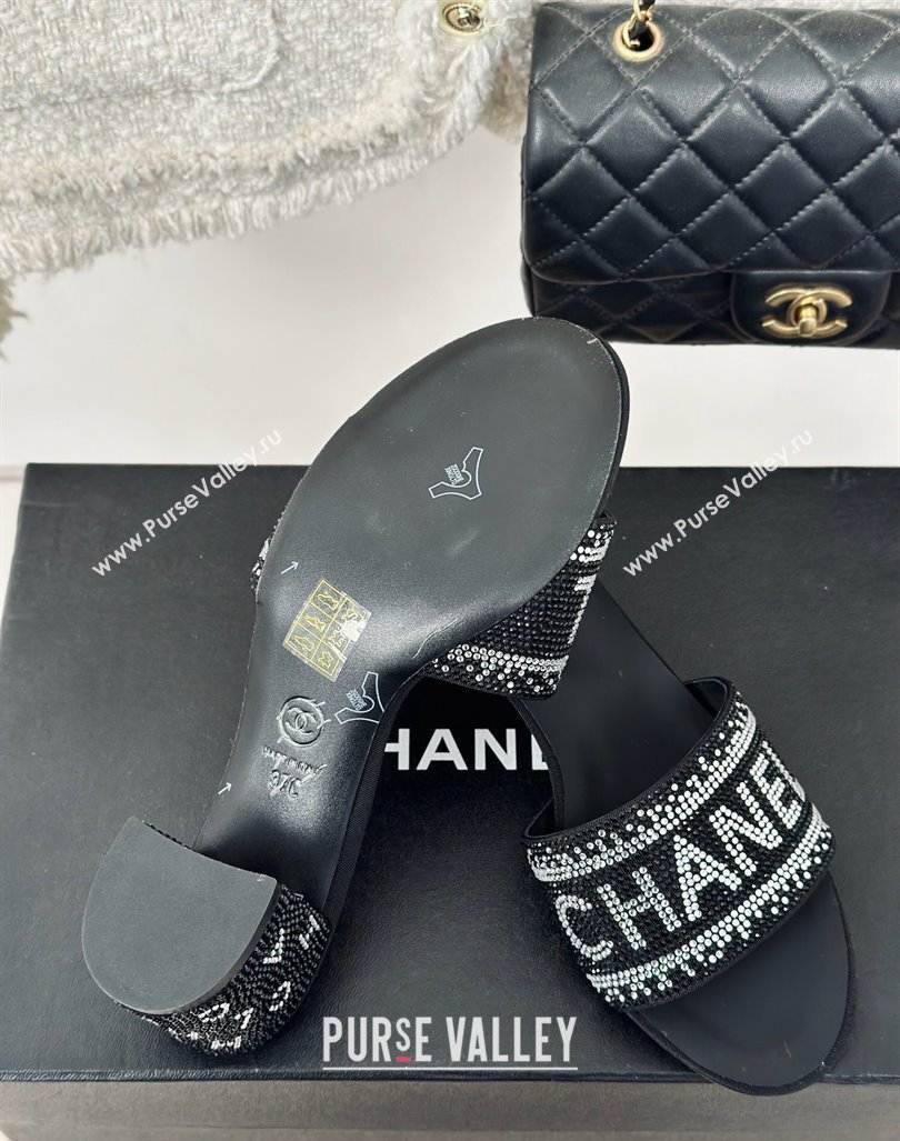 Chanel Crystals Heel Slide Sandals 6cm with Logo Band Black 2024 0223 (MD-240223103)