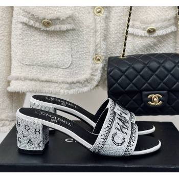 Chanel Crystals Heel Slide Sandals 6cm with Logo Band White 2024 0223 (MD-240223105)