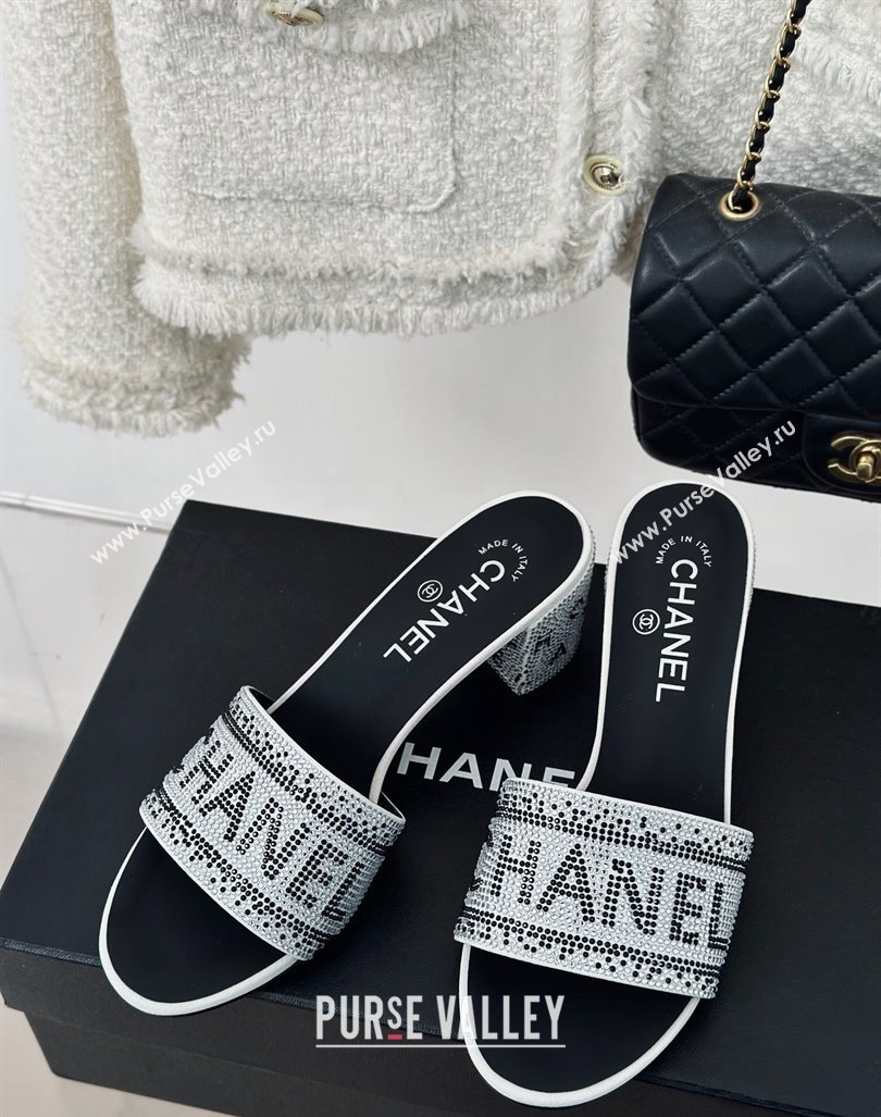 Chanel Crystals Heel Slide Sandals 6cm with Logo Band White 2024 0223 (MD-240223105)