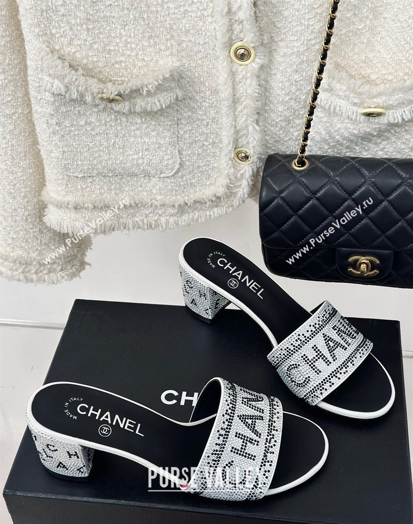 Chanel Crystals Heel Slide Sandals 6cm with Logo Band White 2024 0223 (MD-240223105)