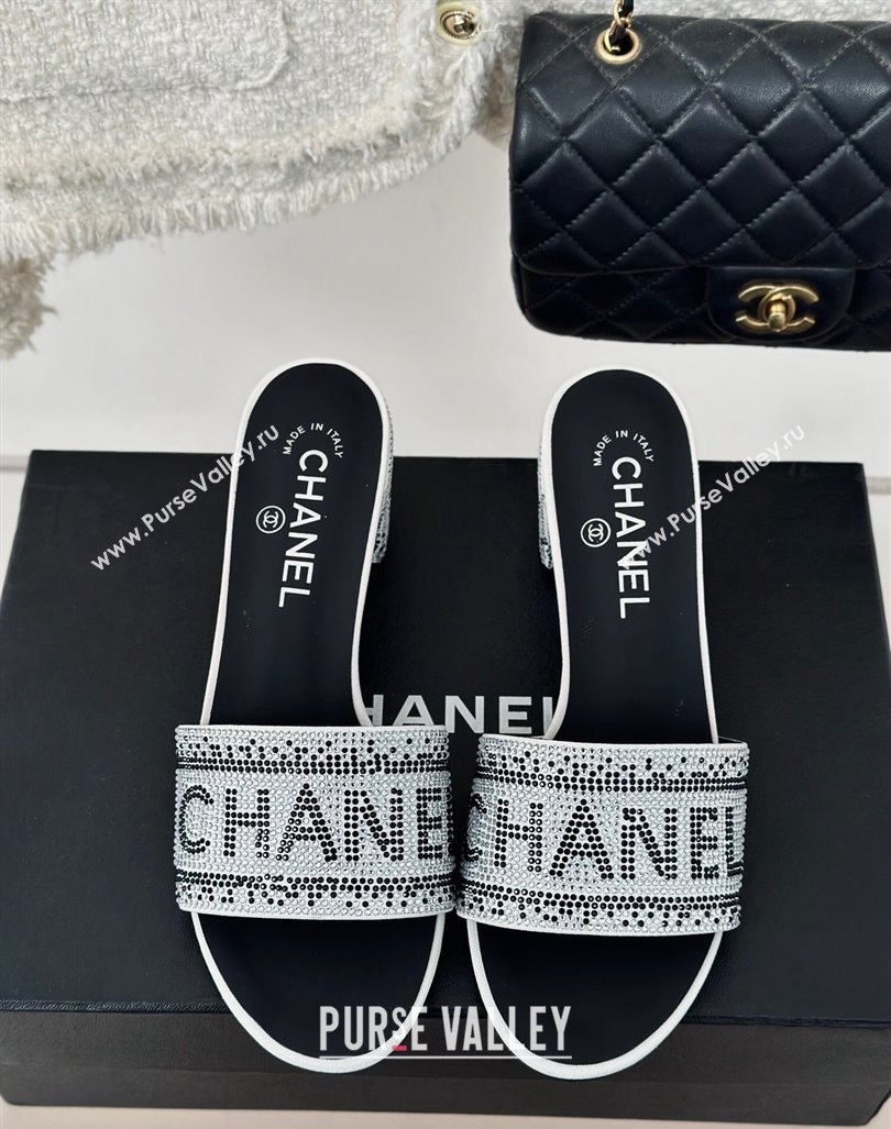 Chanel Crystals Heel Slide Sandals 6cm with Logo Band White 2024 0223 (MD-240223105)