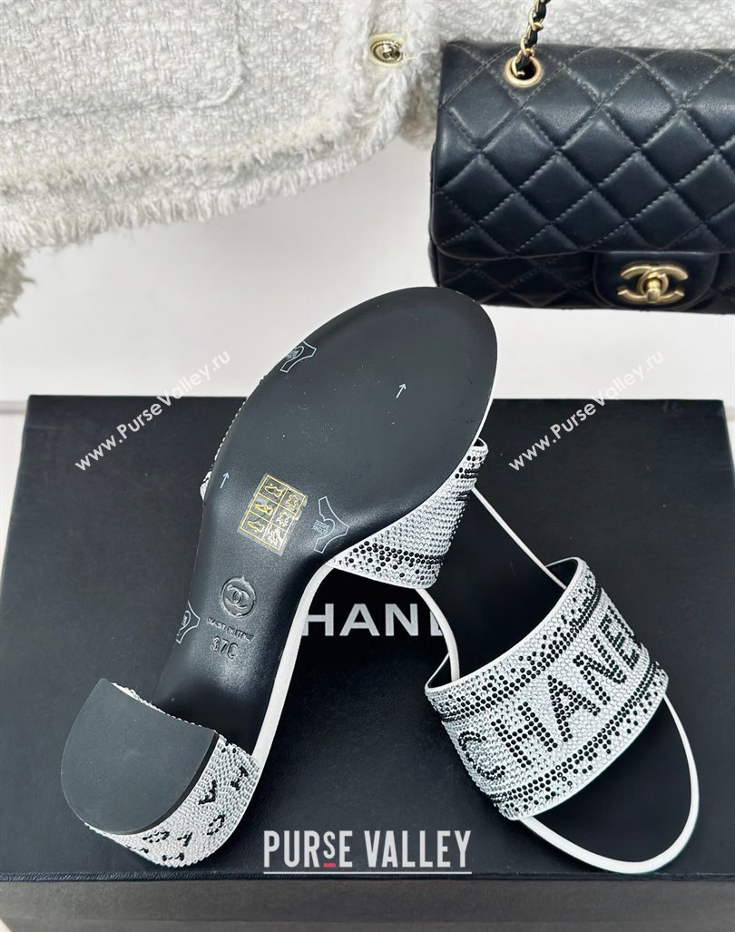 Chanel Crystals Heel Slide Sandals 6cm with Logo Band White 2024 0223 (MD-240223105)