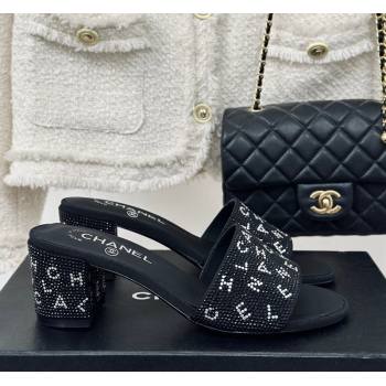 Chanel Crystals Heel Slide Sandals 6cm with Letterings Black 2024 0223 (MD-240223104)