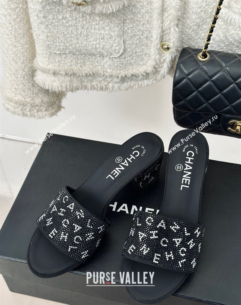 Chanel Crystals Heel Slide Sandals 6cm with Letterings Black 2024 0223 (MD-240223104)