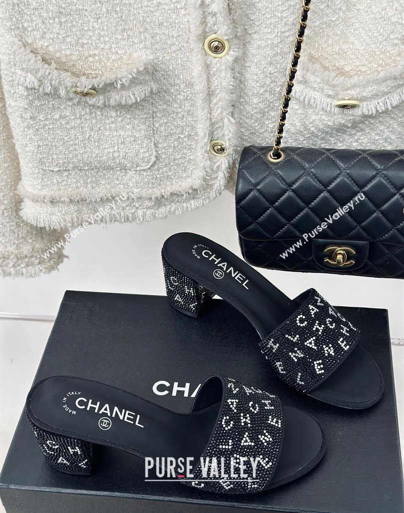 Chanel Crystals Heel Slide Sandals 6cm with Letterings Black 2024 0223 (MD-240223104)