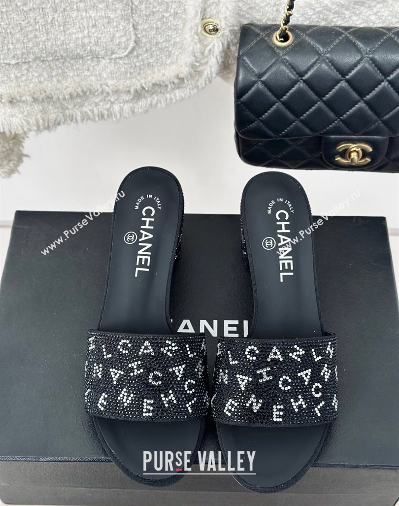 Chanel Crystals Heel Slide Sandals 6cm with Letterings Black 2024 0223 (MD-240223104)