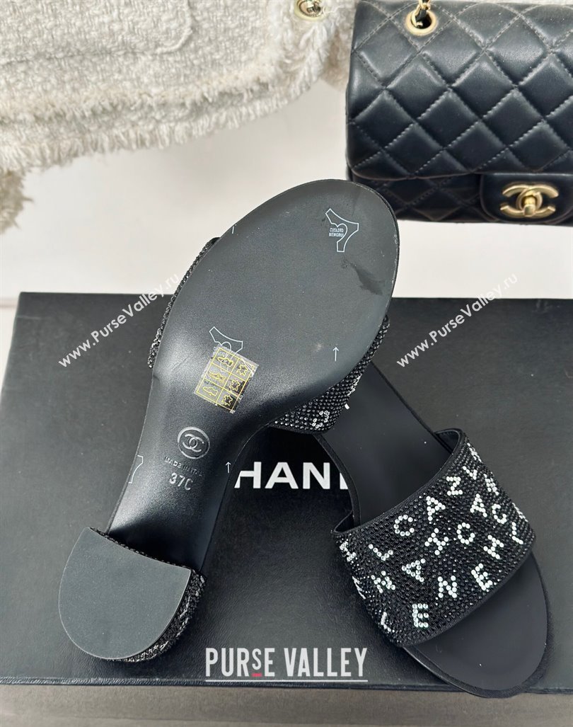 Chanel Crystals Heel Slide Sandals 6cm with Letterings Black 2024 0223 (MD-240223104)