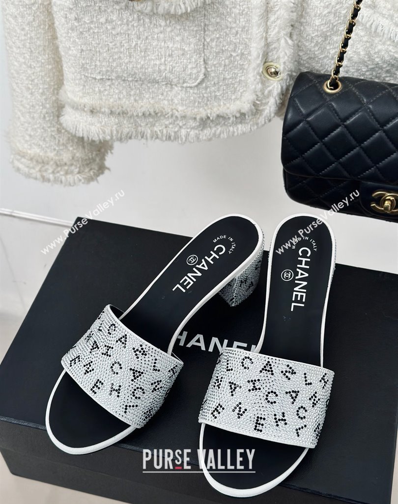 Chanel Crystals Heel Slide Sandals 6cm with Letterings White 2024 0223 (MD-240223108)