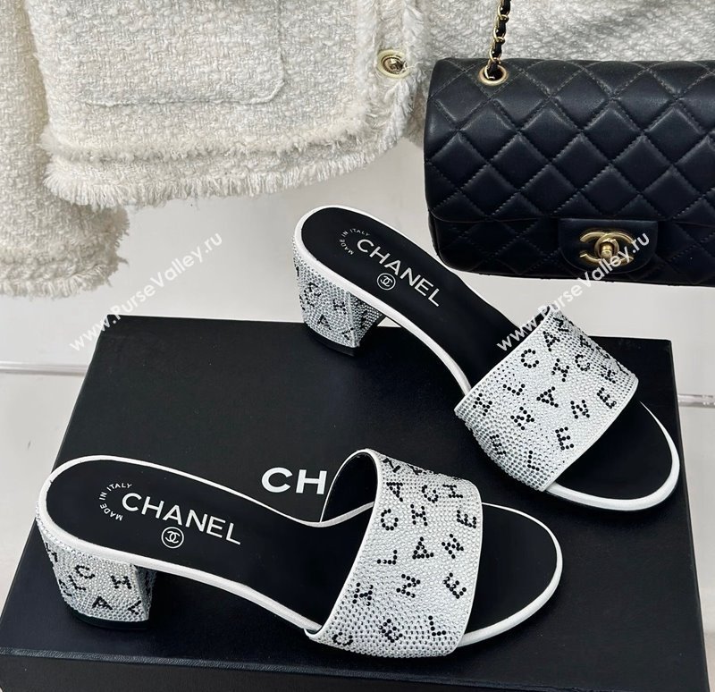 Chanel Crystals Heel Slide Sandals 6cm with Letterings White 2024 0223 (MD-240223108)