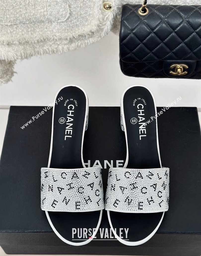 Chanel Crystals Heel Slide Sandals 6cm with Letterings White 2024 0223 (MD-240223108)