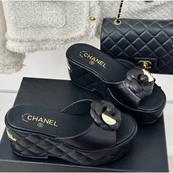 Chanel Camellia Bloom Calfskin Wedge Platform Slide Sandals 7.5cm Black 2024 0224 (MD-240224001)