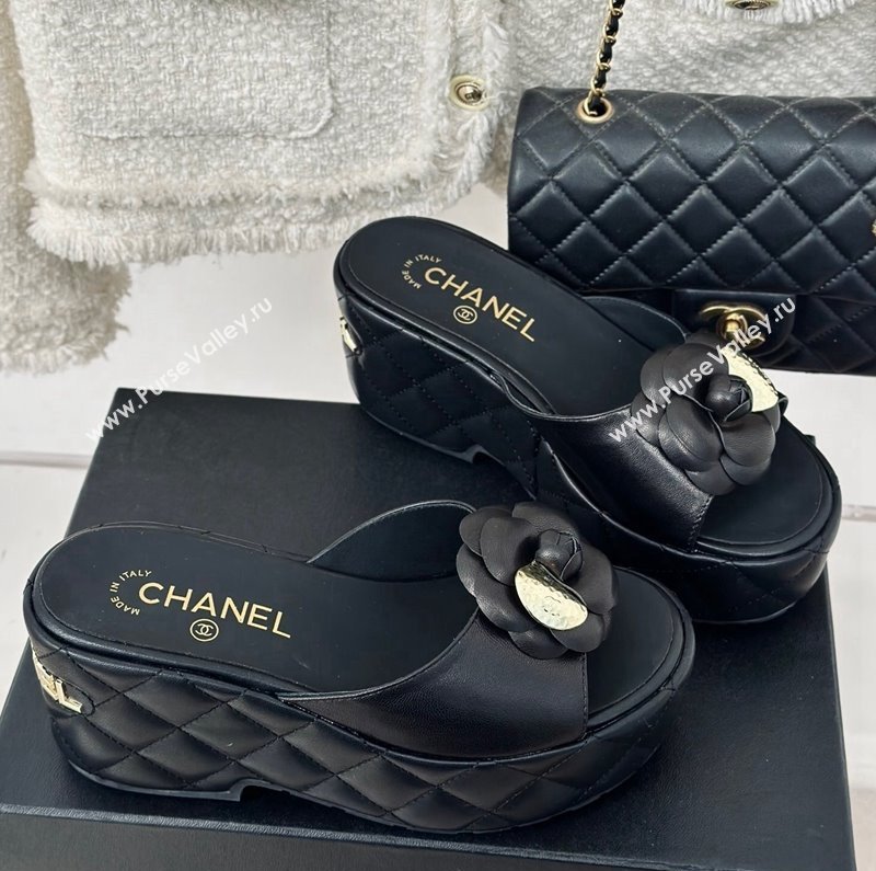 Chanel Camellia Bloom Calfskin Wedge Platform Slide Sandals 7.5cm Black 2024 0224 (MD-240224001)