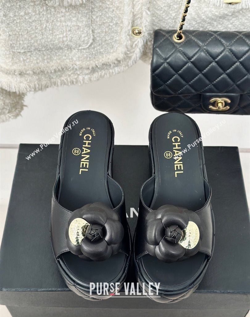 Chanel Camellia Bloom Calfskin Wedge Platform Slide Sandals 7.5cm Black 2024 0224 (MD-240224001)