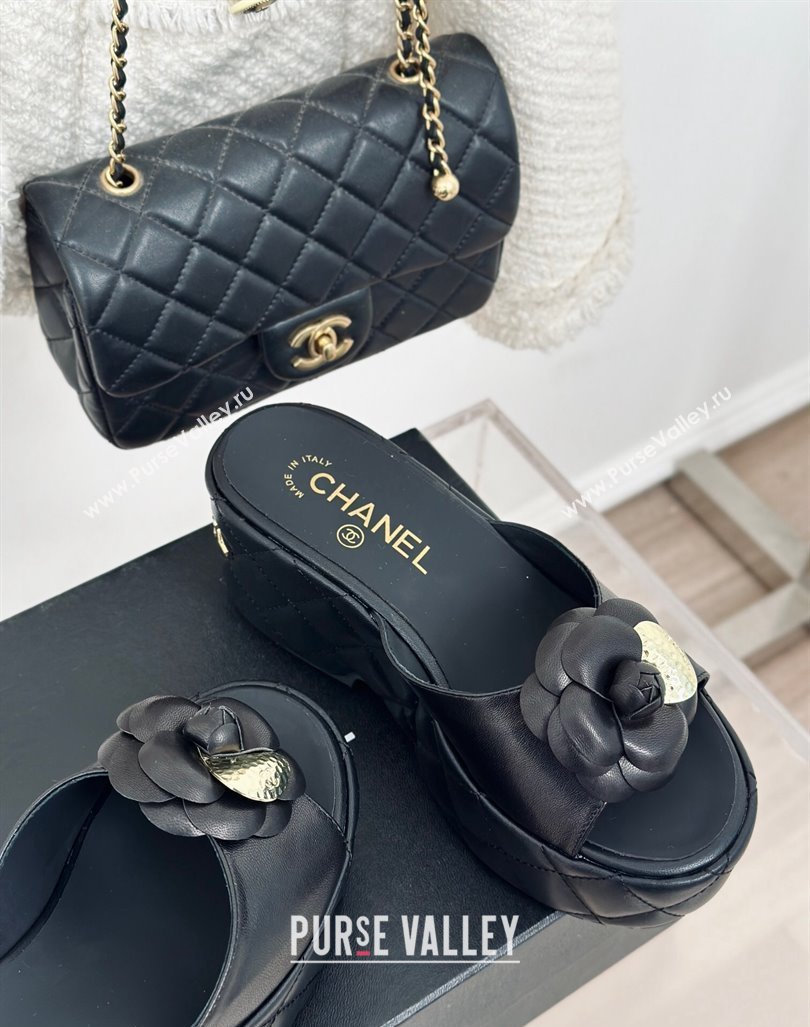 Chanel Camellia Bloom Calfskin Wedge Platform Slide Sandals 7.5cm Black 2024 0224 (MD-240224001)