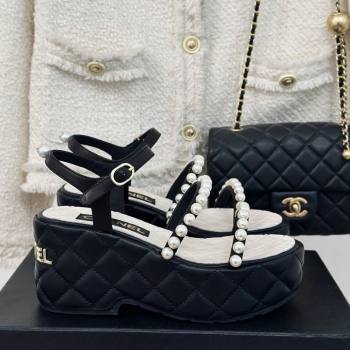 Chanel Quilted Lambskin Pearls Wedge Platform Sandals 7cm Black 2024 0223 (MD-240223089)