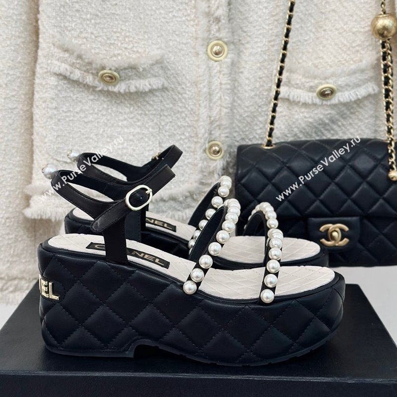 Chanel Quilted Lambskin Pearls Wedge Platform Sandals 7cm Black 2024 0223 (MD-240223089)