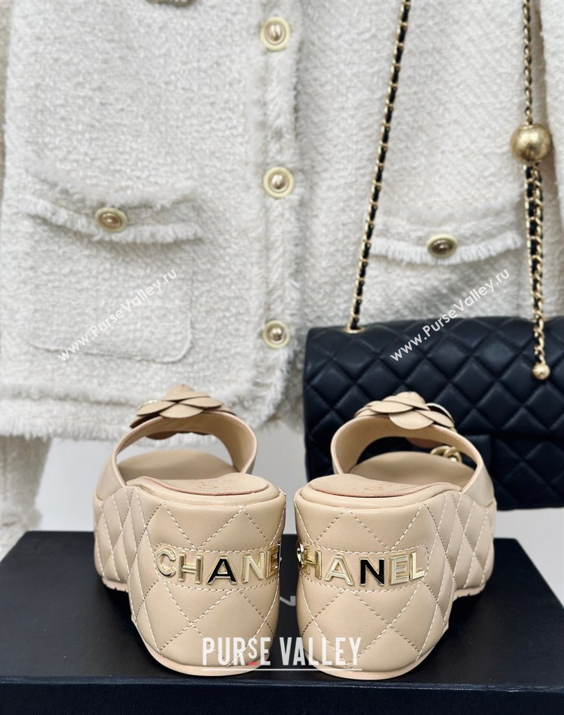 Chanel Camellia Bloom Calfskin Wedge Platform Slide Sandals 7.5cm Beige 2024 0224 (MD-240224002)