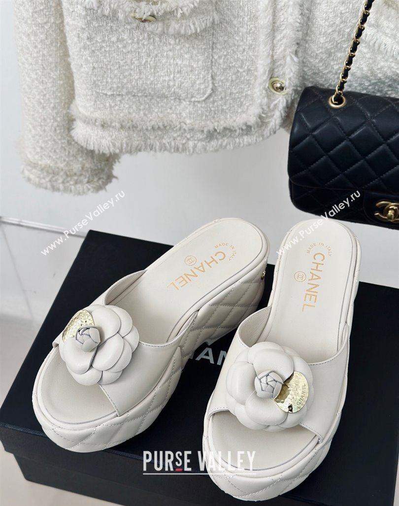 Chanel Camellia Bloom Calfskin Wedge Platform Slide Sandals 7.5cm White 2024 0224 (MD-240224003)