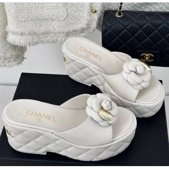 Chanel Camellia Bloom Calfskin Wedge Platform Slide Sandals 7.5cm White 2024 0224 (MD-240224003)