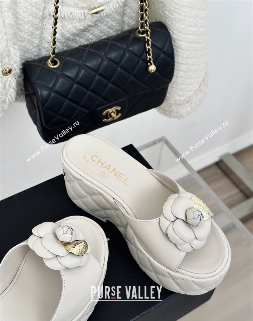 Chanel Camellia Bloom Calfskin Wedge Platform Slide Sandals 7.5cm White 2024 0224 (MD-240224003)