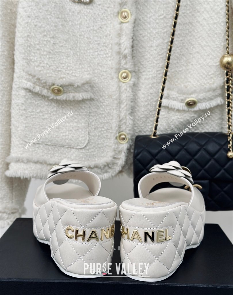 Chanel Camellia Bloom Calfskin Wedge Platform Slide Sandals 7.5cm White 2024 0224 (MD-240224003)