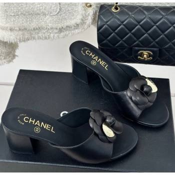 Chanel Camellia Bloom Calfskin Heel Slide Sandals 6.5cm Black 2024 0224 (MD-240224004)