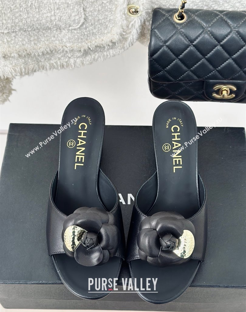 Chanel Camellia Bloom Calfskin Heel Slide Sandals 6.5cm Black 2024 0224 (MD-240224004)