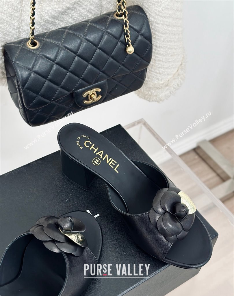 Chanel Camellia Bloom Calfskin Heel Slide Sandals 6.5cm Black 2024 0224 (MD-240224004)