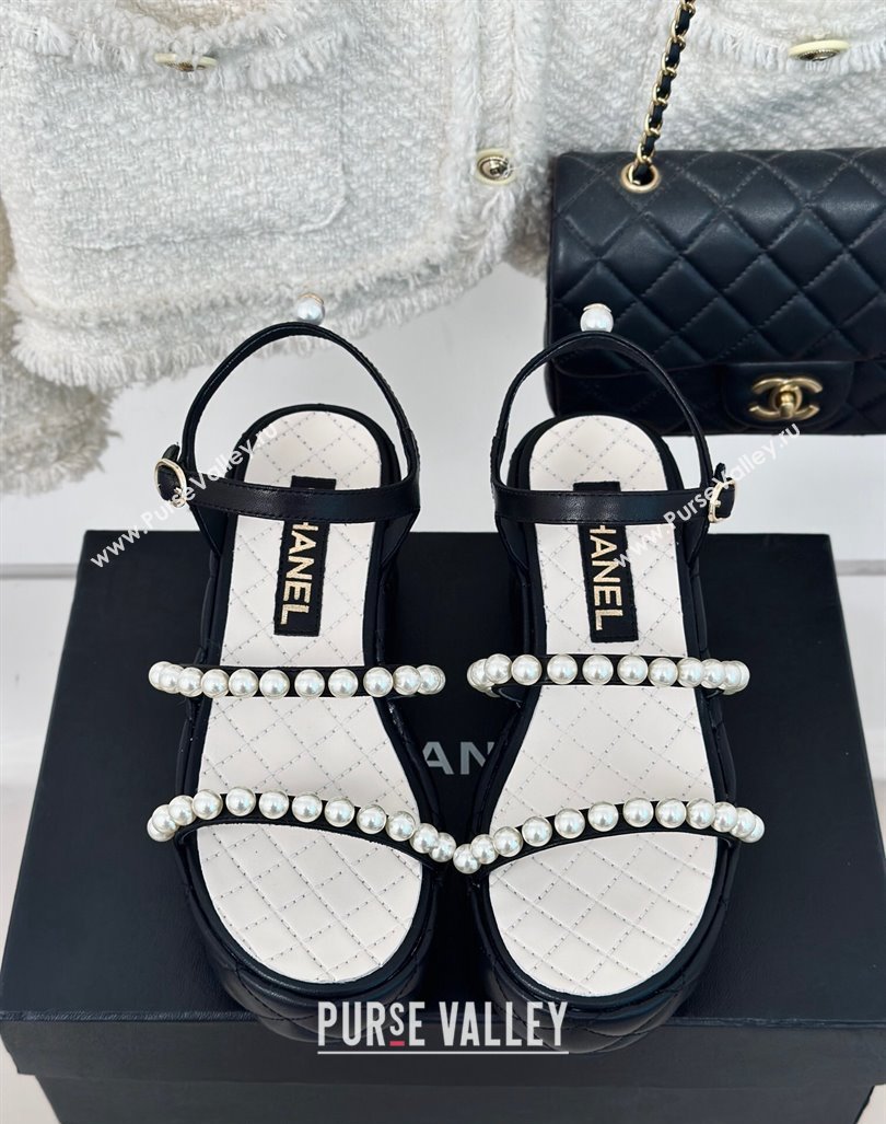 Chanel Quilted Lambskin Pearls Wedge Platform Sandals 7cm Black 2024 0223 (MD-240223089)