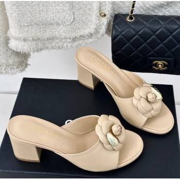 Chanel Camellia Bloom Calfskin Heel Slide Sandals 6.5cm Beige 2024 0224 (MD-240224005)