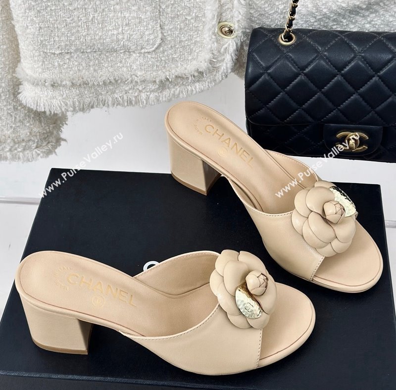 Chanel Camellia Bloom Calfskin Heel Slide Sandals 6.5cm Beige 2024 0224 (MD-240224005)