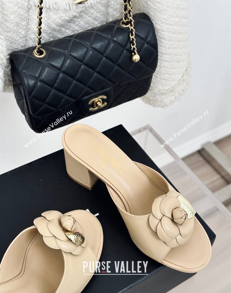 Chanel Camellia Bloom Calfskin Heel Slide Sandals 6.5cm Beige 2024 0224 (MD-240224005)