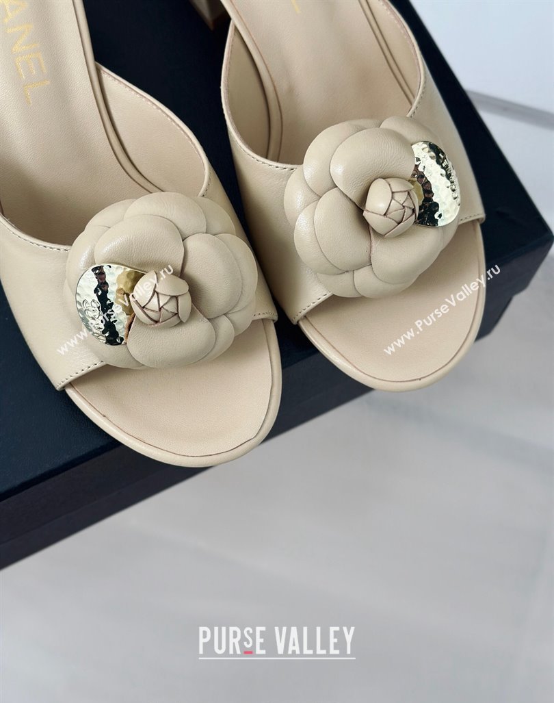 Chanel Camellia Bloom Calfskin Heel Slide Sandals 6.5cm Beige 2024 0224 (MD-240224005)