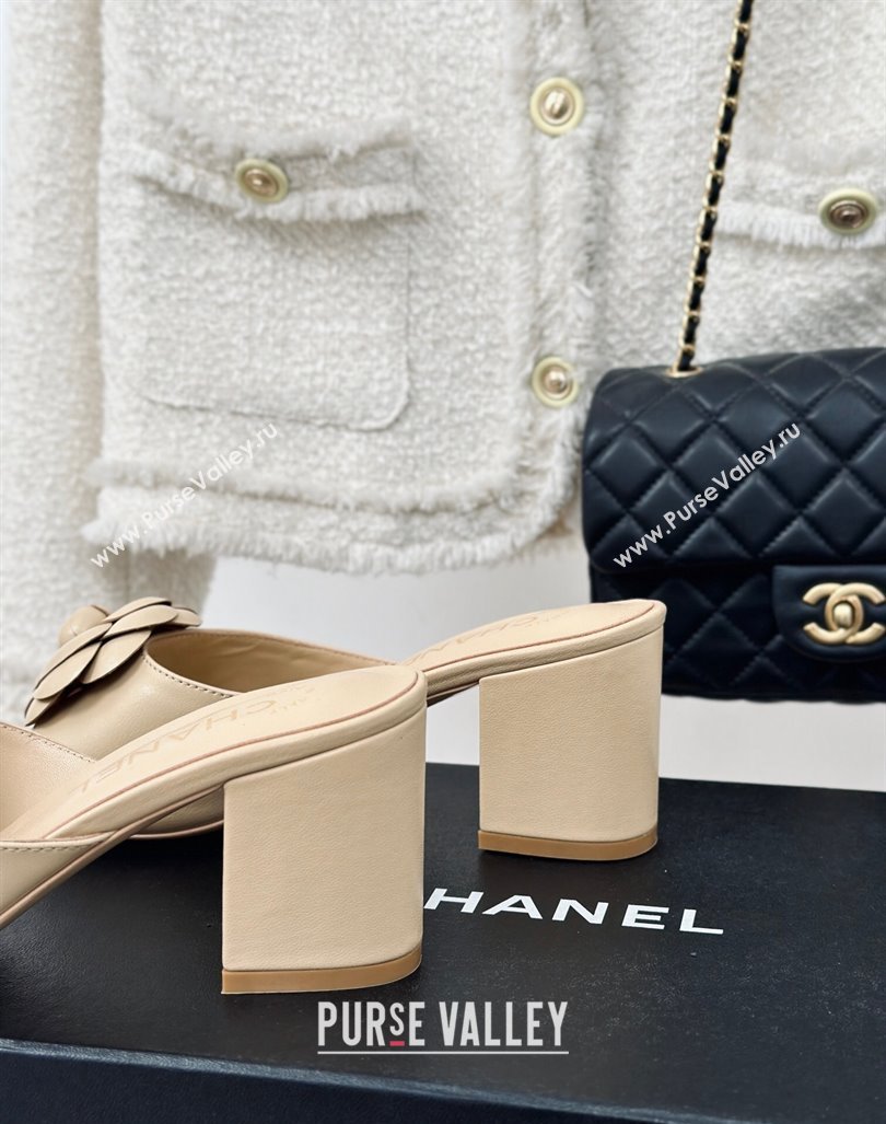 Chanel Camellia Bloom Calfskin Heel Slide Sandals 6.5cm Beige 2024 0224 (MD-240224005)