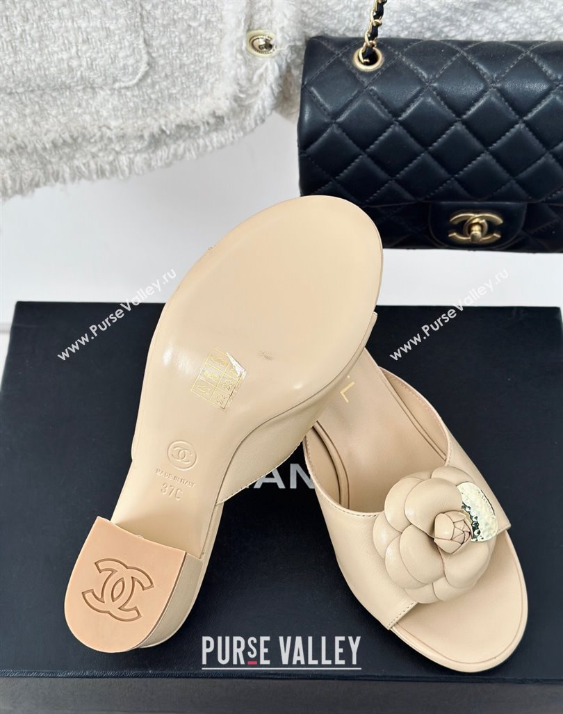 Chanel Camellia Bloom Calfskin Heel Slide Sandals 6.5cm Beige 2024 0224 (MD-240224005)