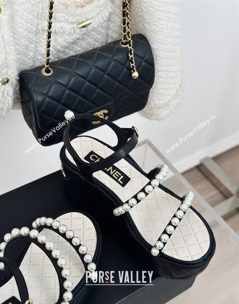 Chanel Quilted Lambskin Pearls Wedge Platform Sandals 7cm Black 2024 0223 (MD-240223089)