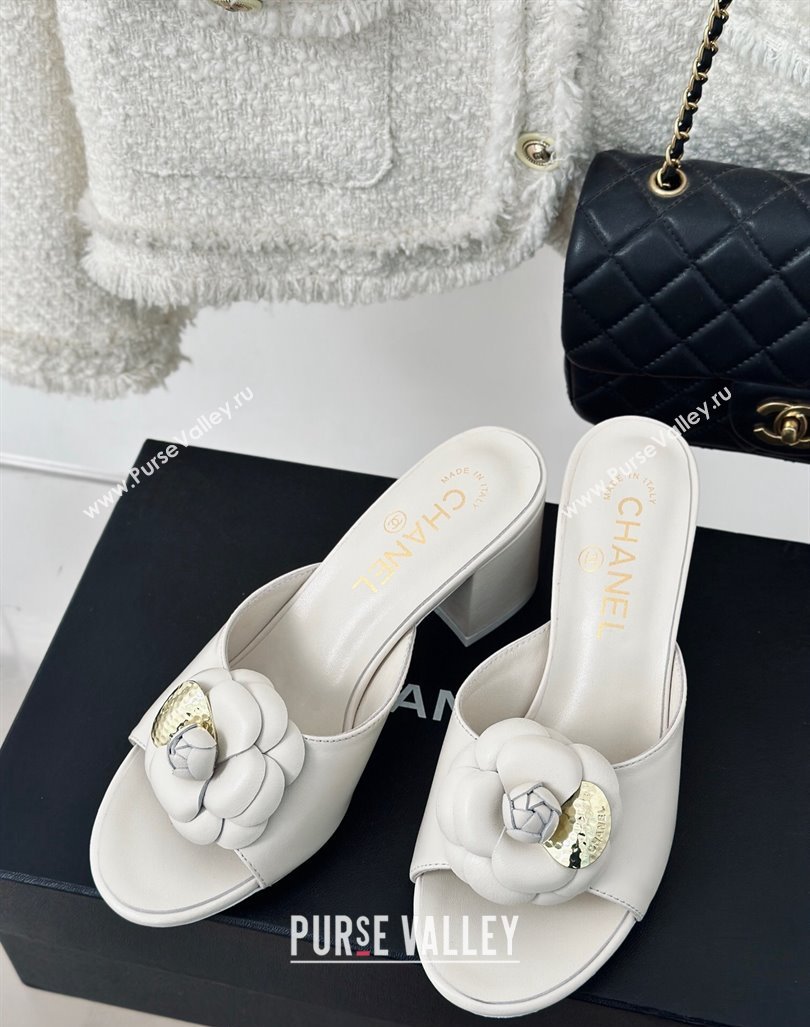 Chanel Camellia Bloom Calfskin Heel Slide Sandals 6.5cm White 2024 0224 (MD-240224006)