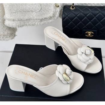 Chanel Camellia Bloom Calfskin Heel Slide Sandals 6.5cm White 2024 0224 (MD-240224006)