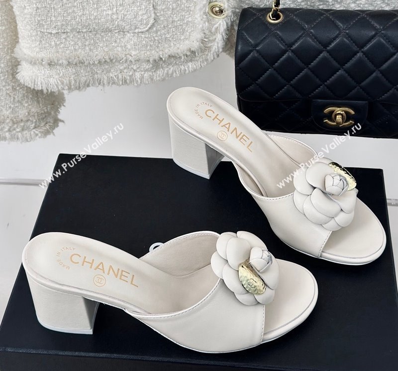 Chanel Camellia Bloom Calfskin Heel Slide Sandals 6.5cm White 2024 0224 (MD-240224006)