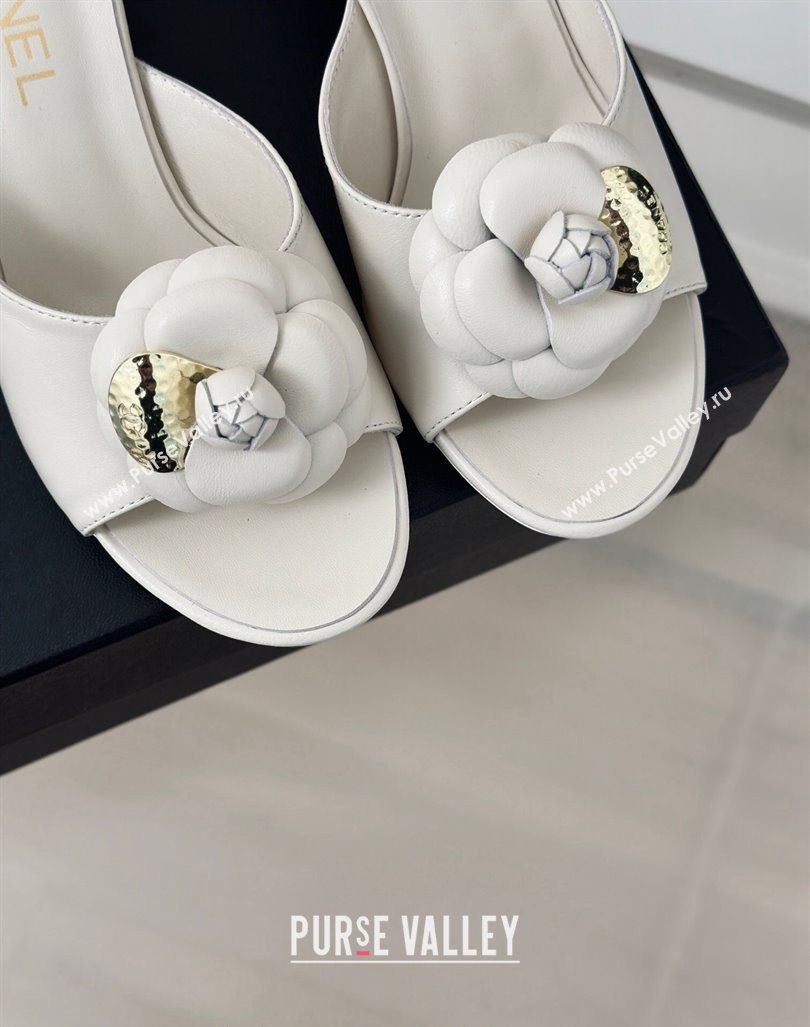 Chanel Camellia Bloom Calfskin Heel Slide Sandals 6.5cm White 2024 0224 (MD-240224006)