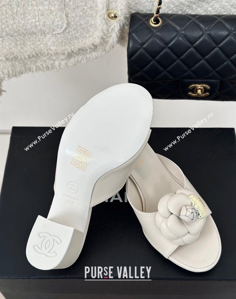 Chanel Camellia Bloom Calfskin Heel Slide Sandals 6.5cm White 2024 0224 (MD-240224006)