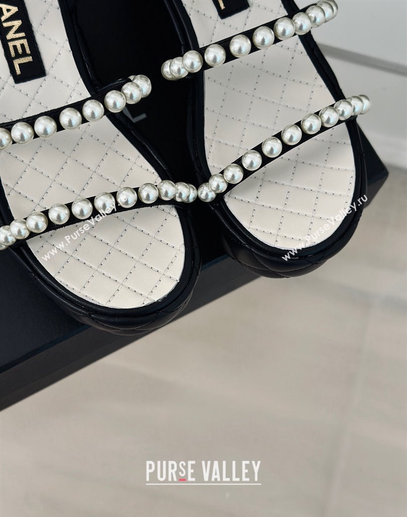 Chanel Quilted Lambskin Pearls Wedge Platform Sandals 7cm Black 2024 0223 (MD-240223089)