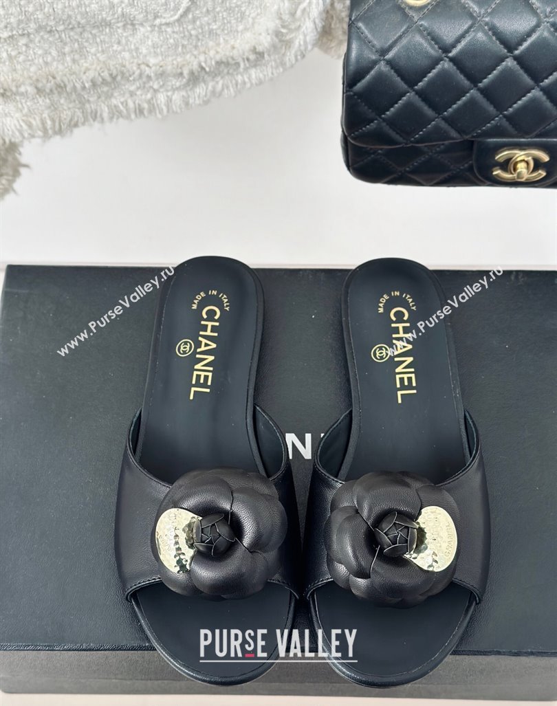 Chanel Camellia Bloom Calfskin Flat Slide Sandals 1.5cm Black 2024 0224 (MD-240224007)