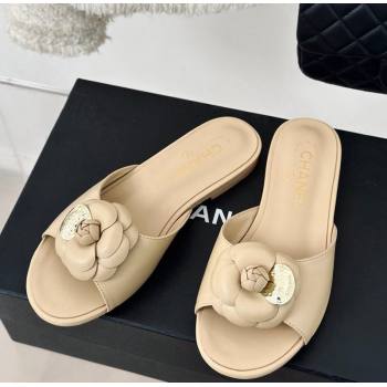 Chanel Camellia Bloom Calfskin Flat Slide Sandals 1.5cm Beige 2024 0224 (MD-240224008)