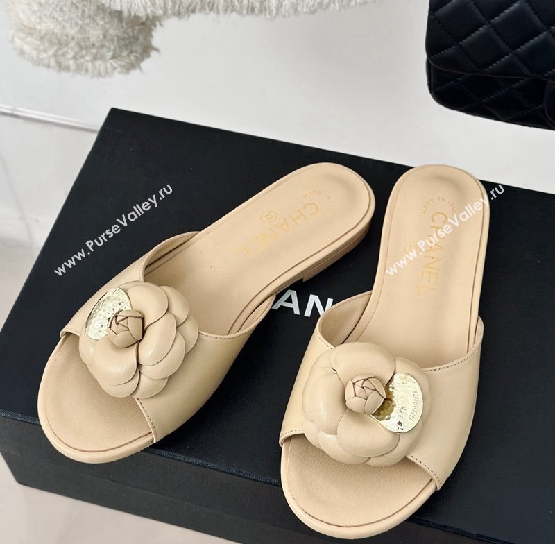 Chanel Camellia Bloom Calfskin Flat Slide Sandals 1.5cm Beige 2024 0224 (MD-240224008)