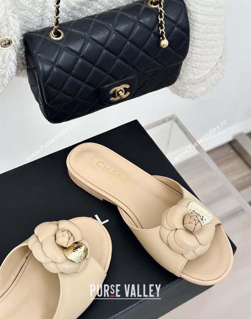 Chanel Camellia Bloom Calfskin Flat Slide Sandals 1.5cm Beige 2024 0224 (MD-240224008)