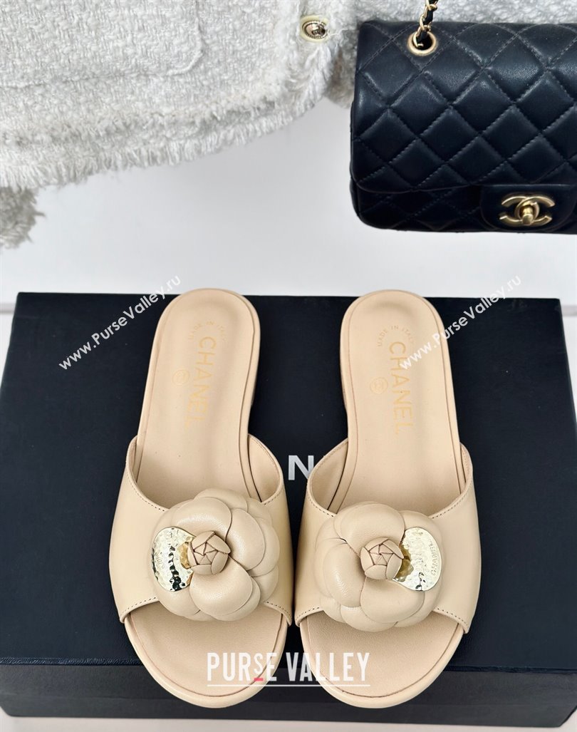 Chanel Camellia Bloom Calfskin Flat Slide Sandals 1.5cm Beige 2024 0224 (MD-240224008)