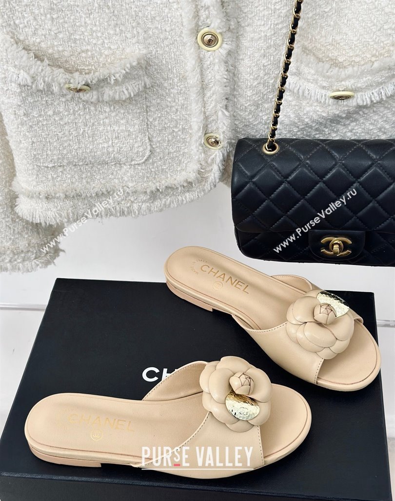 Chanel Camellia Bloom Calfskin Flat Slide Sandals 1.5cm Beige 2024 0224 (MD-240224008)