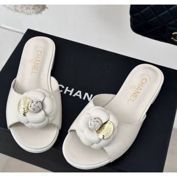 Chanel Camellia Bloom Calfskin Flat Slide Sandals 1.5cm White 2024 0224 (MD-240224009)