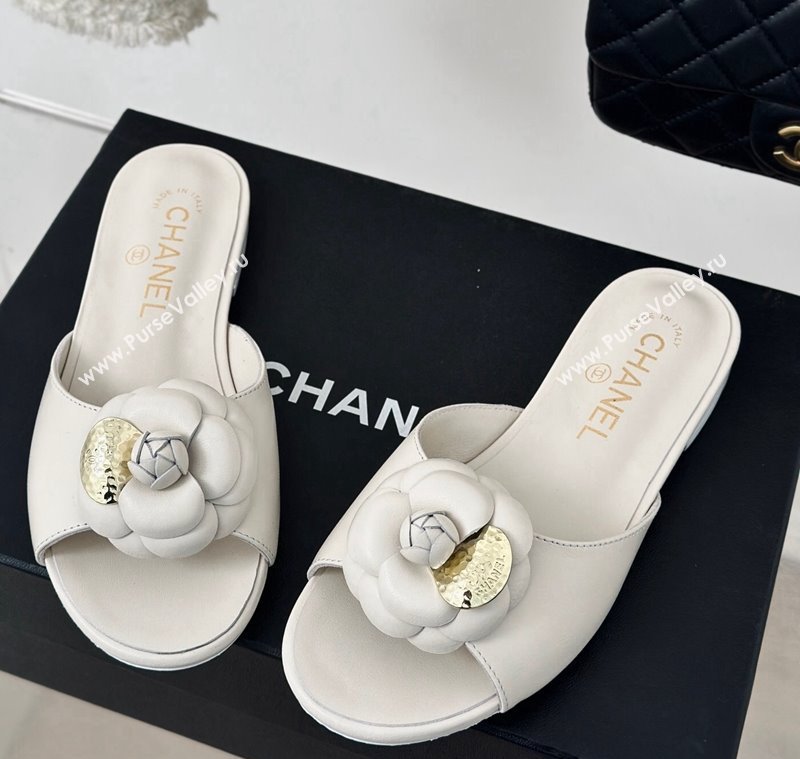 Chanel Camellia Bloom Calfskin Flat Slide Sandals 1.5cm White 2024 0224 (MD-240224009)